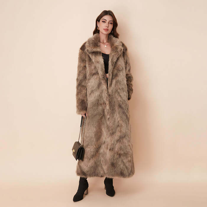 Ultra-high Gram Weight Faux Fox Fur Lapel Long Coat - Kai's Eco Fur