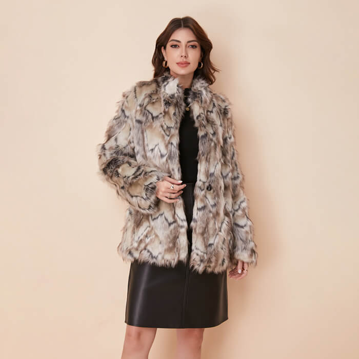 Faux Fox Fur Wild And Realistic Patterned Stand Collar Coat