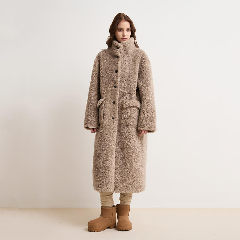 Teddy-Style Faux Shearling Stand Collar Long Coat - Kai's Eco Fur